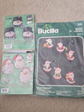 3 NEW Bucilla Santa and Snowman Felt Ornament Kits - Green, White, Red